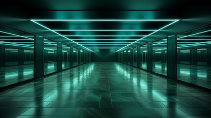 Minimal interior of a dark empty room with green neon glowing light. Copy space. Generative AI