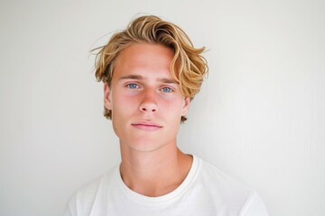 Casual portrait of a young man with blonde hair, relaxed attire, white background