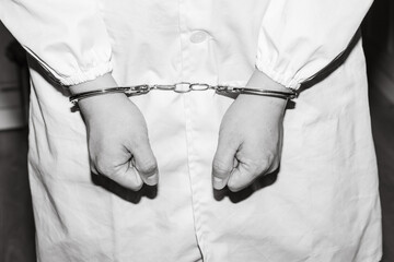 Doctor in handcuffs wearing Lab Coat - obrazy, fototapety, plakaty
