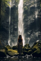 attractive young woman on vacation looking at the waterfall