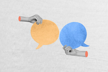 Horizontal magazine artwork photo collage of two hands holding message bubbles concept of...