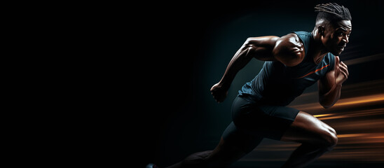 African male athlete running. Athletic sport fitness banner. Muscular man sprinting with motion blur.