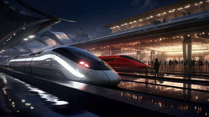 Fototapeta premium High speed bullet train at futuristic Railway Station platform.