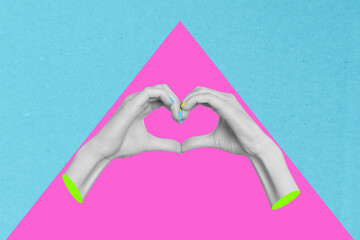 Horizontal exclusive minimal magazine photo collage of palms showing heart gesture love thankful neon pink on blue background - obrazy, fototapety, plakaty