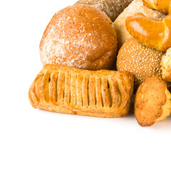 Croissants and sweet pastries isolated on white . Free space for text.