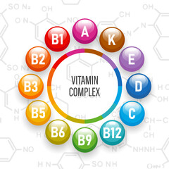 Healthy nutrition vitamin complex.Illustration of vitamin icons on the background of chemical formulas. The concept of medicine and healthcare. Vector