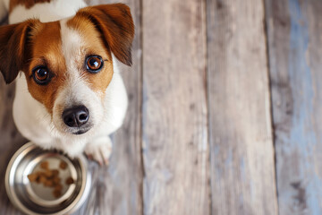 Cute Dog with Empty Bowl Top View: Candid Photography for Festive Ad Poster