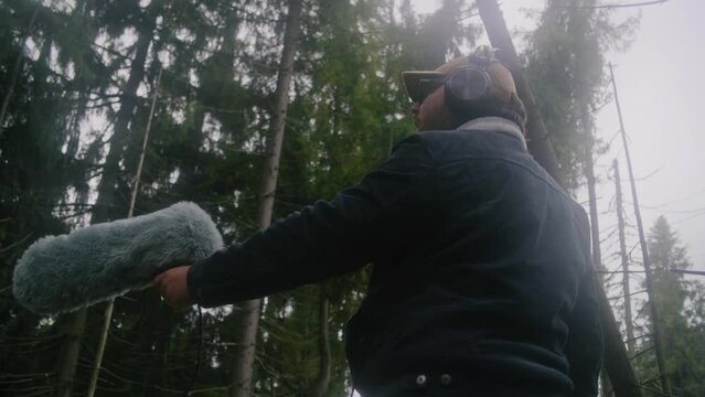 Caucasian man wearing headphones records sounds of nature for movie in coniferous wood using professional audio equipment. Sound technician works with furry windjammer microphone outdoors. Low angle.