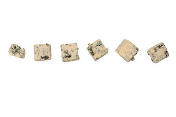Blue cheese cubes isolated on a white background.