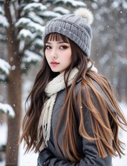 illustration of a portrait of a beautiful young woman in winter clothes, in a snowy landscape
