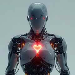 Advanced Robotic Being Tenderly Cradling a Luminous Heart, Symbolizing the Intersection of Advanced Machinery and Human Emotions