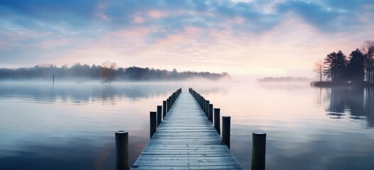 Serene lake view at dawn with fog and wooden pier. Tranquil nature scene.
