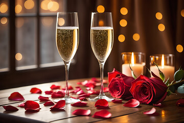 Red rose petals artfully scattered across an antique wooden table, two tall champagne glasses with delicate golden rims catching the soft flicker of candlelight. Generative AI