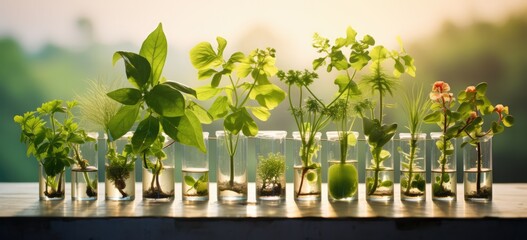 Diverse green plants flourishing in test tubes, highlighting the potential breakthroughs in agricultural and environmental science