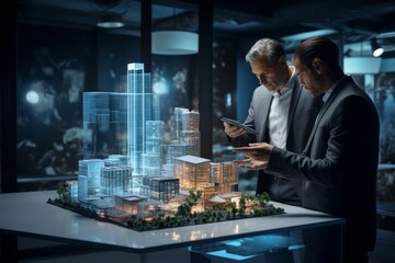 Architect and engineer designing a 3D model of a city. Futuristic concept