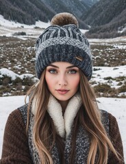 illustration of a portrait of a beautiful young woman in winter clothes, in a snowy landscape
