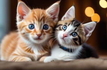 two friends, two kittens, sitting together on the sofa.