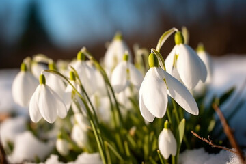 Snowdrop flowers in the snow, selective focus. Greeting card for the holidays in March