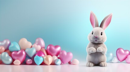 Fototapeta premium Valentine Day background with colorful hearts and a bunny