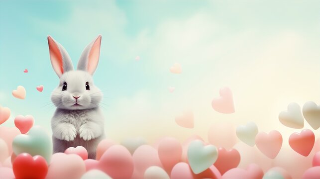 Valentine Day background with colorful hearts and a bunny