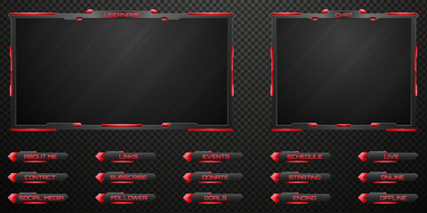Live Stream Overlay Futuristic Black and Red Border Webcam Screen Frame and Stream Alert GUI Panels for Gaming and Video Streaming Platforms - obrazy, fototapety, plakaty