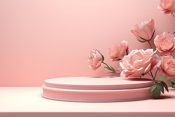 empty round concrete podium stage on peach fuzz  background with small pink rose flowers of a minimalistic and geometric podium. round peach fuzz pedestal podium for product