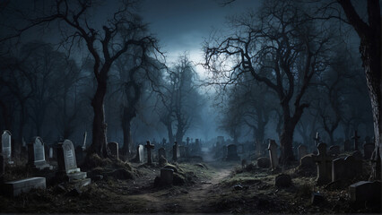 Creepy cemetery in the forest at night - obrazy, fototapety, plakaty