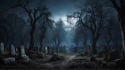 Foto op Aluminium Fantasie landschap Creepy cemetery in the forest at night