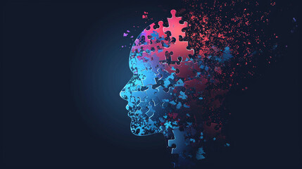 Human head profile and jigsaw puzzle, cognitive psychology or psychotherapy concept, mental health, brain problem, personality disorder, vector line design, - Powered by Adobe