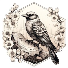  hand drawn vector illustration of a beautiful stone magpie bird house - obrazy, fototapety, plakaty