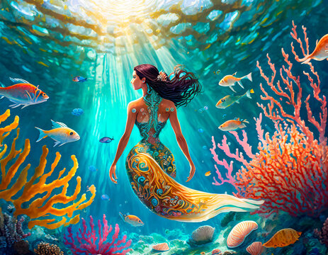 Underwater landscape with a beautiful mythological mermaid woman on the seabed among corals of different colors, marine ornaments, shells, tropical fish. Sunlight from the surface.