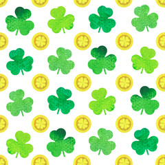 St.Patrick's day seamless pattern with watercolor clover leaves and golden coins on white background
