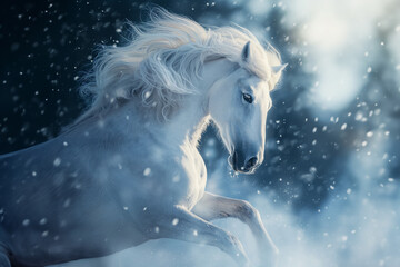 Naklejka premium white Friesian stallion galloping field.