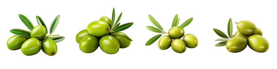 Set of Green olives with leaves isolated on a transparent background - obrazy, fototapety, plakaty