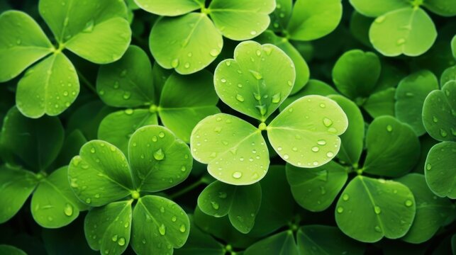 Nature fresh green clove leaves for St Patrick design background. AI generated image