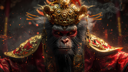 Dramatic Monkey Chinese Zodiac Animal Illustration Wearing Chinese Decorations. Red and Gold Themed Colors