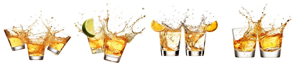Set of Glasses shot of tequila making toast with splash isolated on a transparent background - obrazy, fototapety, plakaty