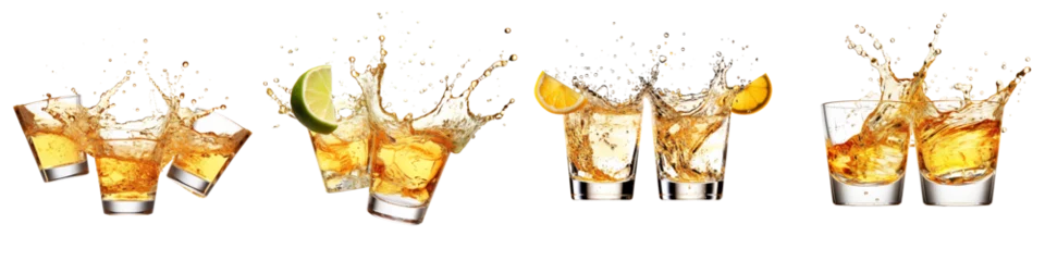Selbstklebende Fototapeten Set of Glasses shot of tequila making toast with splash isolated on a transparent background © Asiri