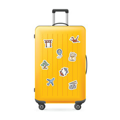 Realistic Detailed 3d Travel Suitcase with Japanese Stickers and Wheels Isolated on a White Background. Vector illustration