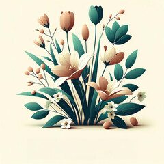  Easter design in minimalist vector graphic style featuring spring flowers and foliage, with copy space