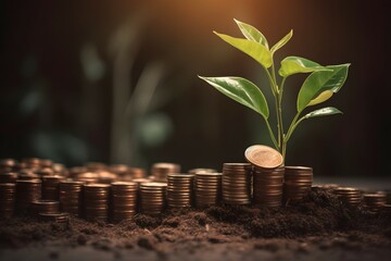 plant and money growing up on stacks of coins premium eps, in the style of panasonic lumix s pro 50mm f 1.4, tonalism, earthworks, stockphoto, vibrant stage backdrops, commission for, perceptive - obrazy, fototapety, plakaty