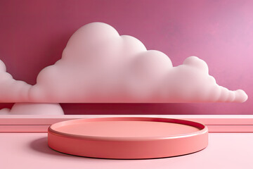 empty round peach fuzz  concrete podium stage on  pink clouds sky  background. minimalistic and geometric podium.round peach fuzz pedestal podium for product
