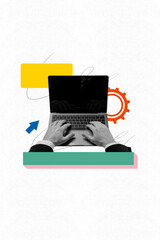 Vertical creative photo collage businessman hands browsing laptop keyboard typing management planning career growth success