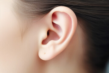 Closeup womans ear,showcasing the intricate details of human anatomy. International Day for Ear and Hearing.Hearing problems and diseases. Educational content about physiology human ear - obrazy, fototapety, plakaty