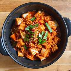 Delicious Korean kimchi rice cuisine on the table, kitchen
