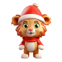 3d cartoon lion santa isolated on white and transparent background