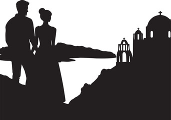 Silhouette illustration of a couple on a Greek island with buildings by the sea. A view of Santorini in Greek.