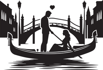 Silhouette illustration of a romantic scene with a couple in a Venetian gondola, gliding through serene Venice canals in front of the bridge.