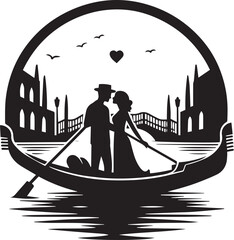 Silhouette illustration of a romantic scene with a couple in a Venetian gondola, standing in romantic pose in front of the bridge. - obrazy, fototapety, plakaty