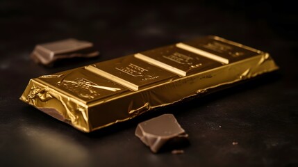 Rich chocolate bar in ounces presented in gold wrapper. - obrazy, fototapety, plakaty